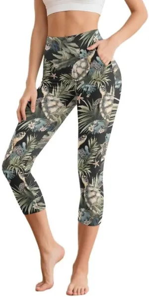 Irisjudy Capri Leggings with Pockets for Women Crow Rose High Waist Tummy Control Yoga Pants Maple Leaves Workout Yoga Pants