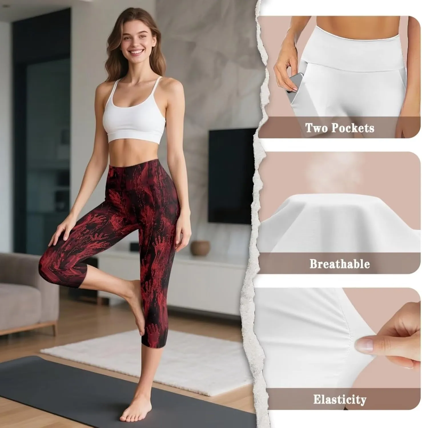 Irisjudy Women's Active Capri Leggings Terror Skull Yoga Pants with Pockets Gothic Rose Bat Stretchy Summer Workout Capris