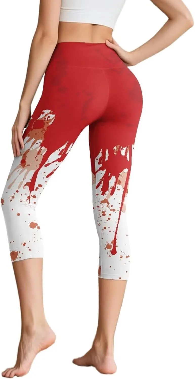 Irisjudy Women's Active Capri Leggings Terror Skull Yoga Pants with Pockets Gothic Rose Bat Stretchy Summer Workout Capris