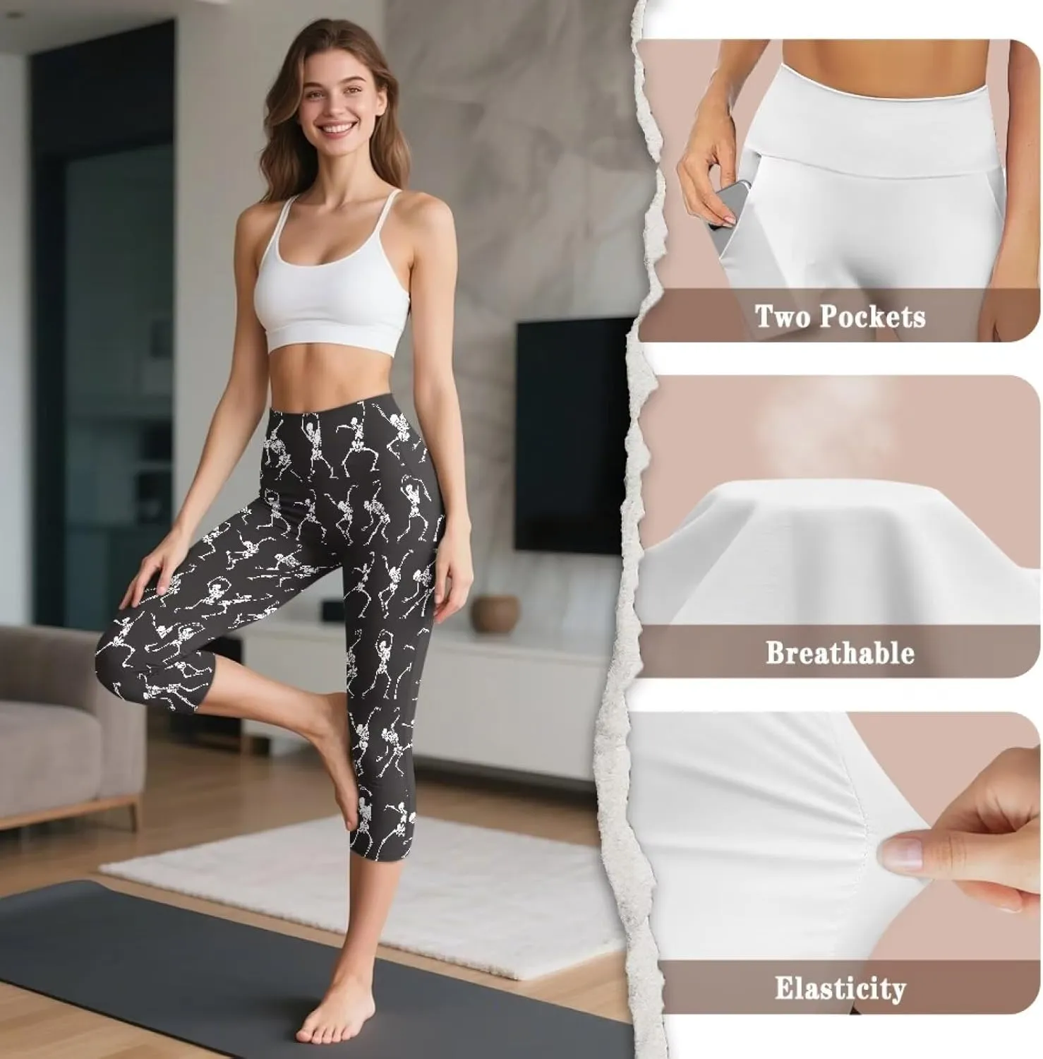 Irisjudy Women's Active Capri Leggings Terror Skull Yoga Pants with Pockets Gothic Rose Bat Stretchy Summer Workout Capris
