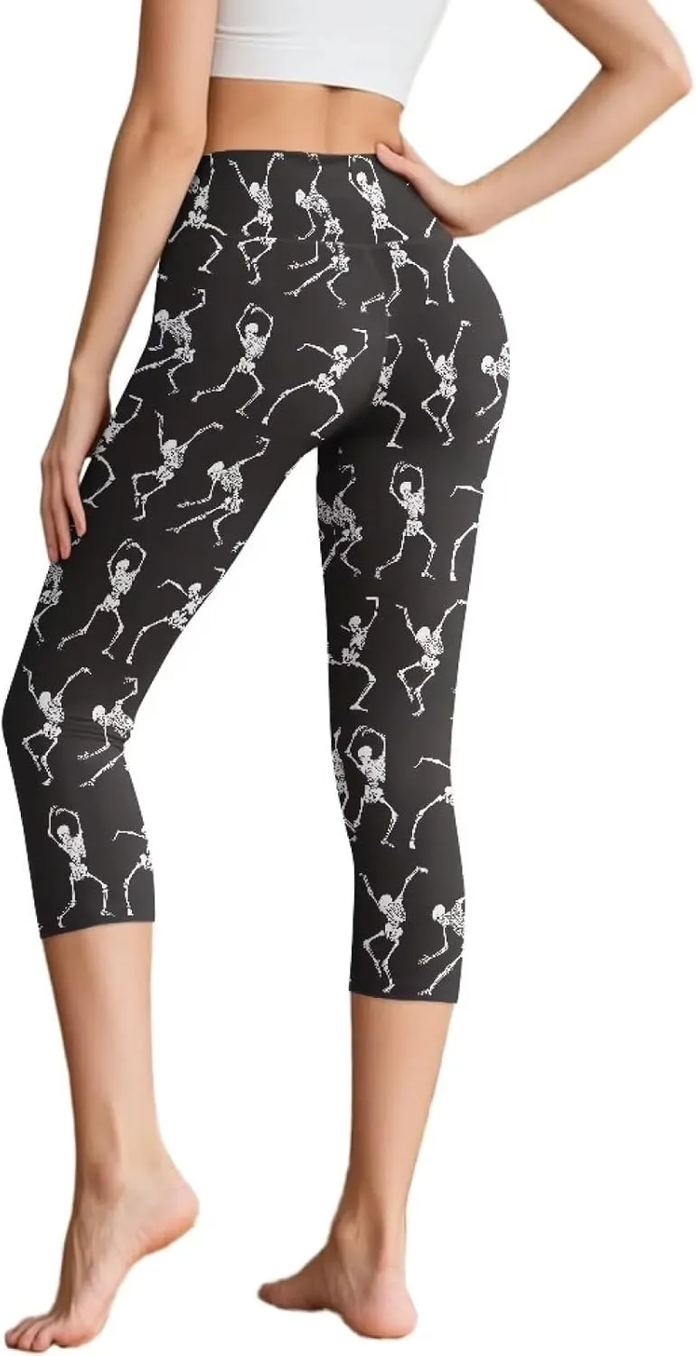 Irisjudy Women's Active Capri Leggings Terror Skull Yoga Pants with Pockets Gothic Rose Bat Stretchy Summer Workout Capris