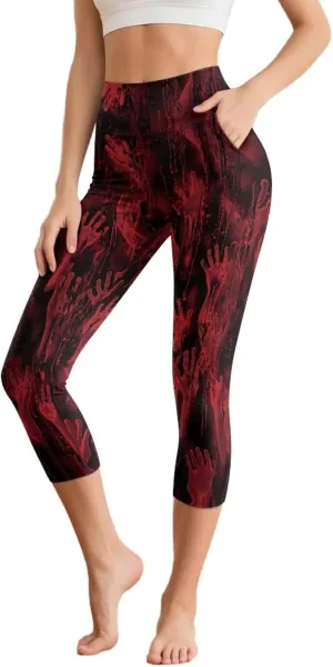 Irisjudy Women's Active Capri Leggings Terror Skull Yoga Pants with Pockets Gothic Rose Bat Stretchy Summer Workout Capris