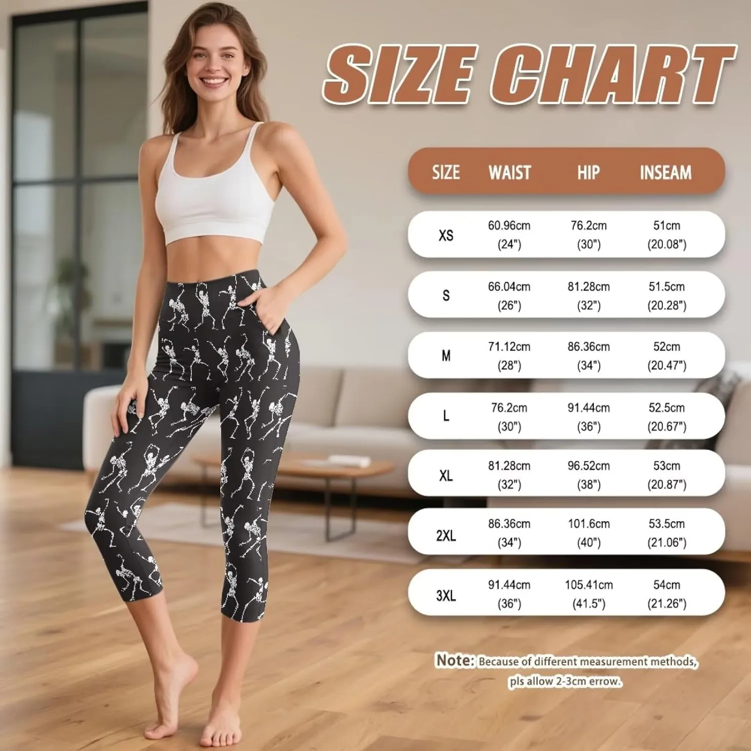 Irisjudy Women's Active Capri Leggings Terror Skull Yoga Pants with Pockets Gothic Rose Bat Stretchy Summer Workout Capris