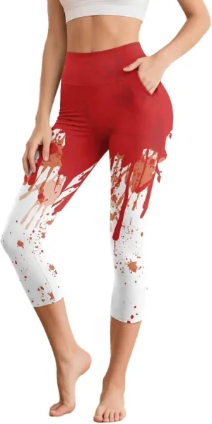Irisjudy Women's Active Capri Leggings Terror Skull Yoga Pants with Pockets Gothic Rose Bat Stretchy Summer Workout Capris