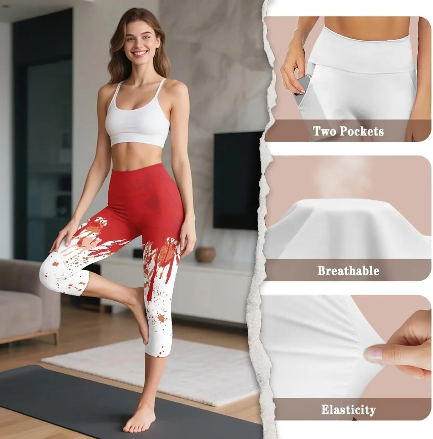 Irisjudy Women's Active Capri Leggings Terror Skull Yoga Pants with Pockets Gothic Rose Bat Stretchy Summer Workout Capris