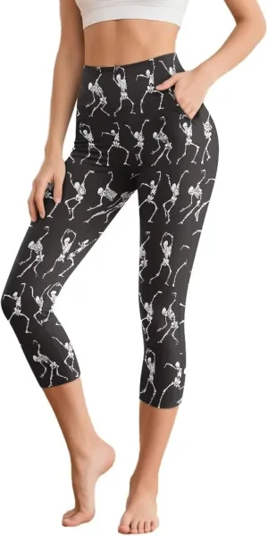 Irisjudy Women's Active Capri Leggings Terror Skull Yoga Pants with Pockets Gothic Rose Bat Stretchy Summer Workout Capris