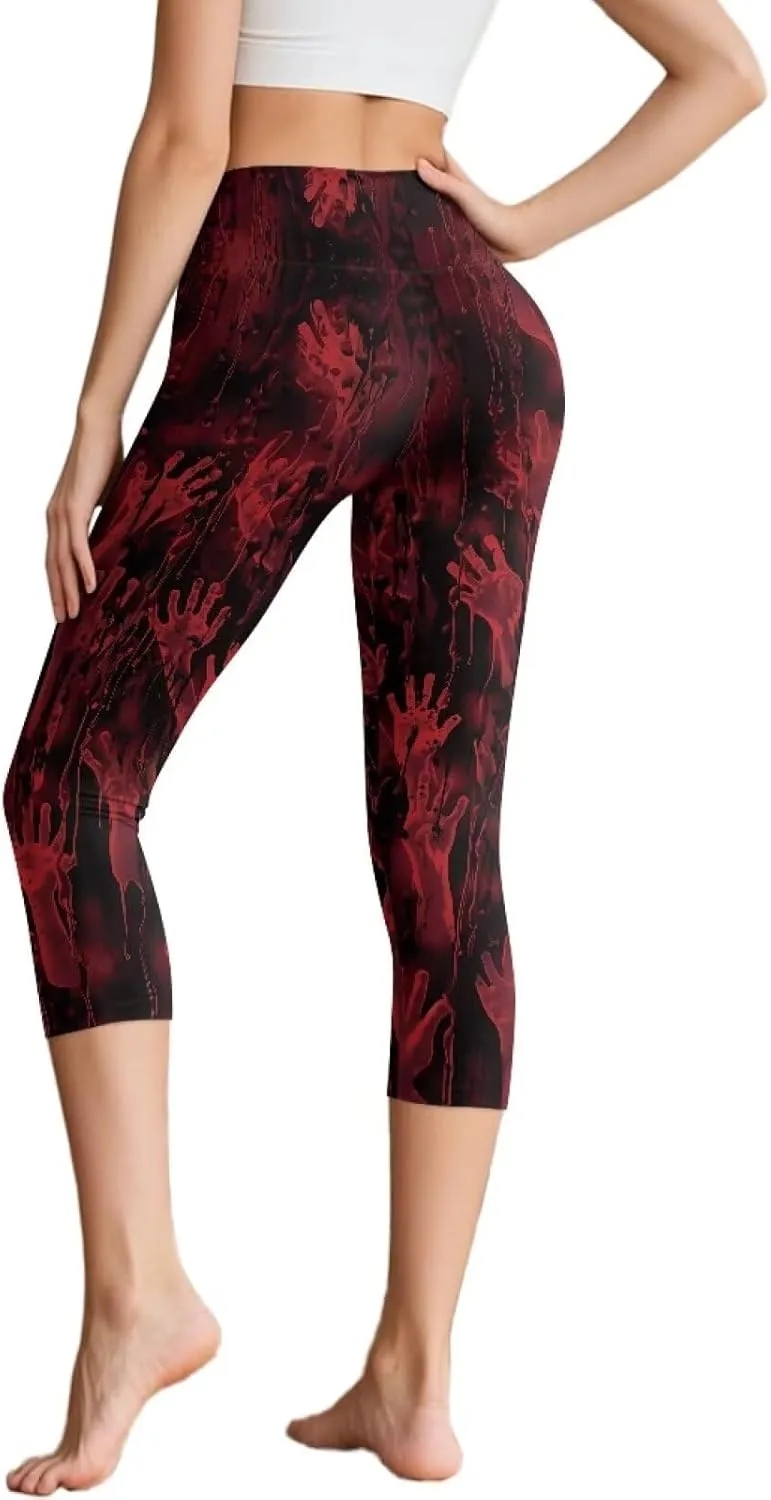 Irisjudy Women's Active Capri Leggings Terror Skull Yoga Pants with Pockets Gothic Rose Bat Stretchy Summer Workout Capris