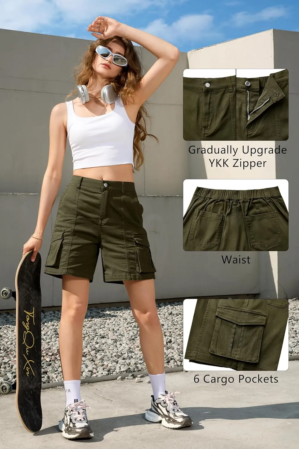IVIR Bermuda Cargo Shorts for Women Knee Length 6 Pockets Elastic Waist Long Shorts for Summer Casual