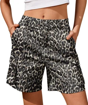 IVIR Bermuda Cargo Shorts for Women Knee Length 6 Pockets Elastic Waist Long Shorts for Summer Casual