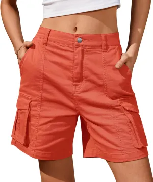 IVIR Bermuda Cargo Shorts for Women Knee Length 6 Pockets Elastic Waist Long Shorts for Summer Casual