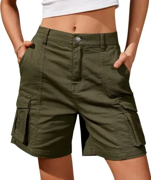 IVIR Bermuda Cargo Shorts for Women Knee Length 6 Pockets Elastic Waist Long Shorts for Summer Casual