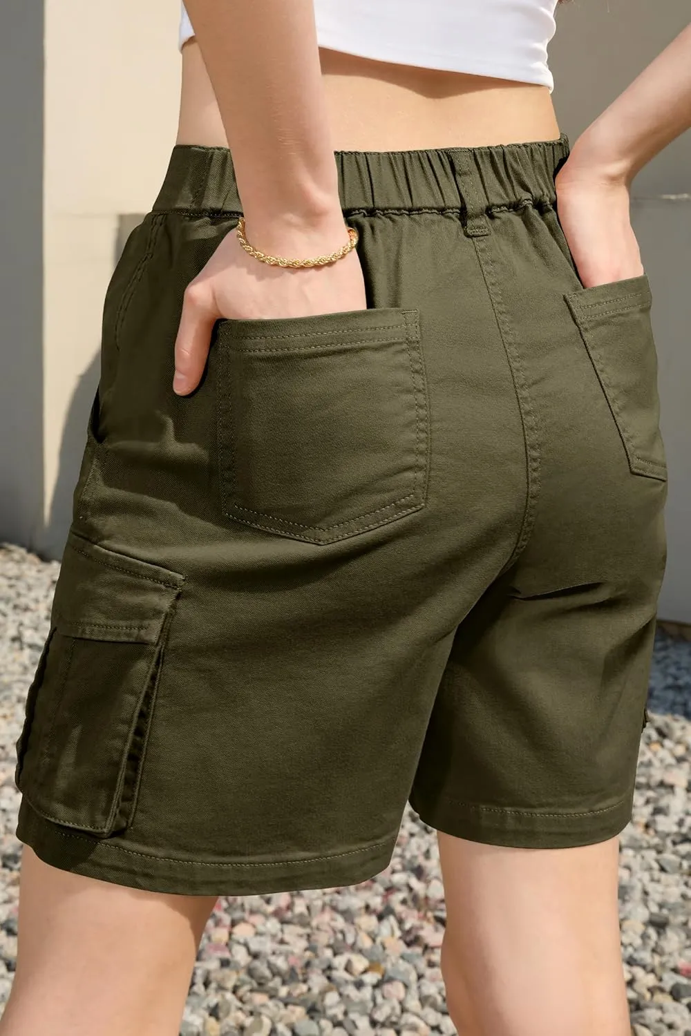 IVIR Bermuda Cargo Shorts for Women Knee Length 6 Pockets Elastic Waist Long Shorts for Summer Casual