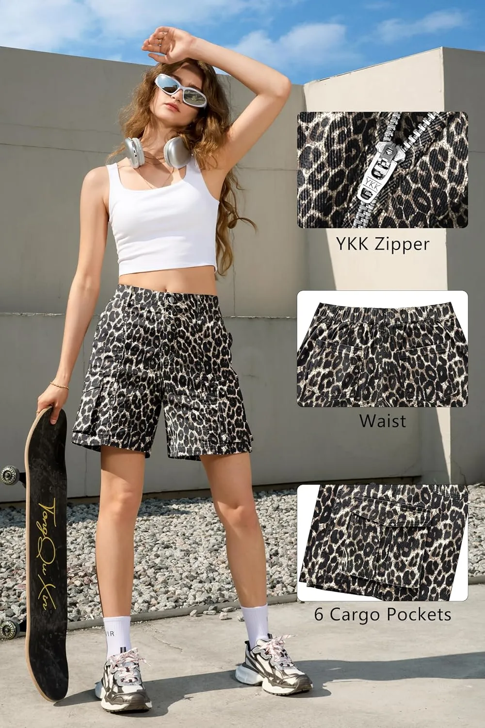IVIR Bermuda Cargo Shorts for Women Knee Length 6 Pockets Elastic Waist Long Shorts for Summer Casual