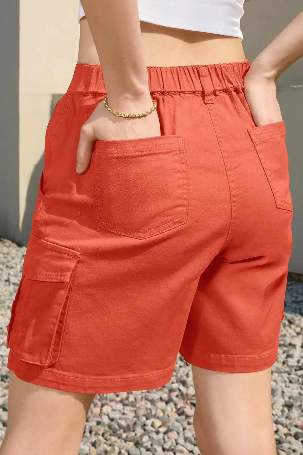 IVIR Bermuda Cargo Shorts for Women Knee Length 6 Pockets Elastic Waist Long Shorts for Summer Casual