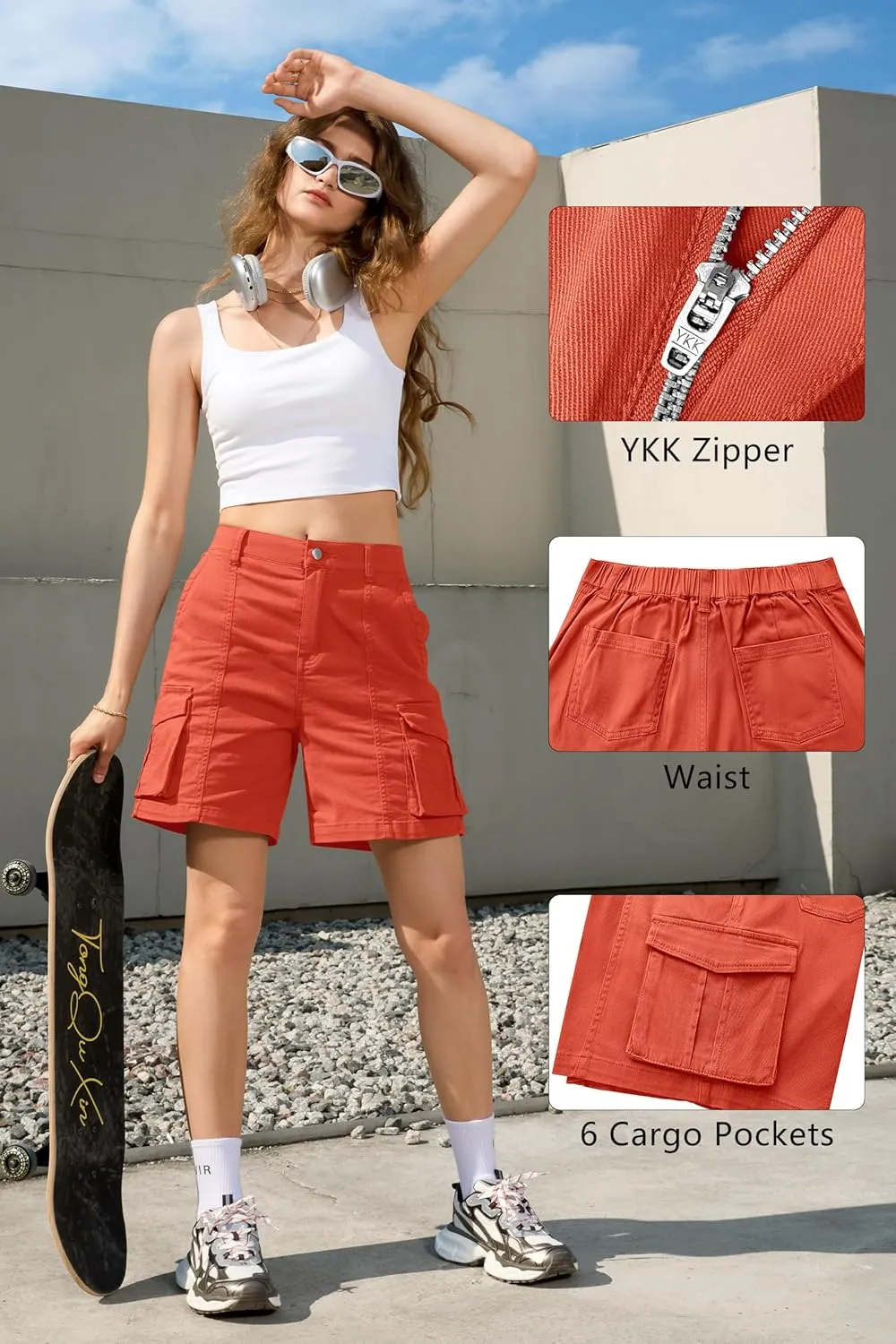 IVIR Bermuda Cargo Shorts for Women Knee Length 6 Pockets Elastic Waist Long Shorts for Summer Casual