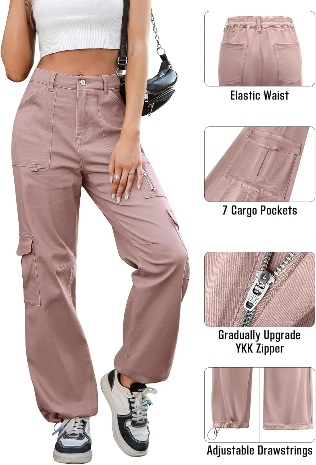 IVIR Cargo Pants Women High Waist Wide Leg Casual Pants with 7 Pockets Stretchy Drawstring Baggy Y2K Trousers