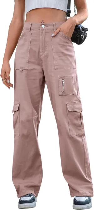 IVIR Cargo Pants Women High Waist Wide Leg Casual Pants with 7 Pockets Stretchy Drawstring Baggy Y2K Trousers