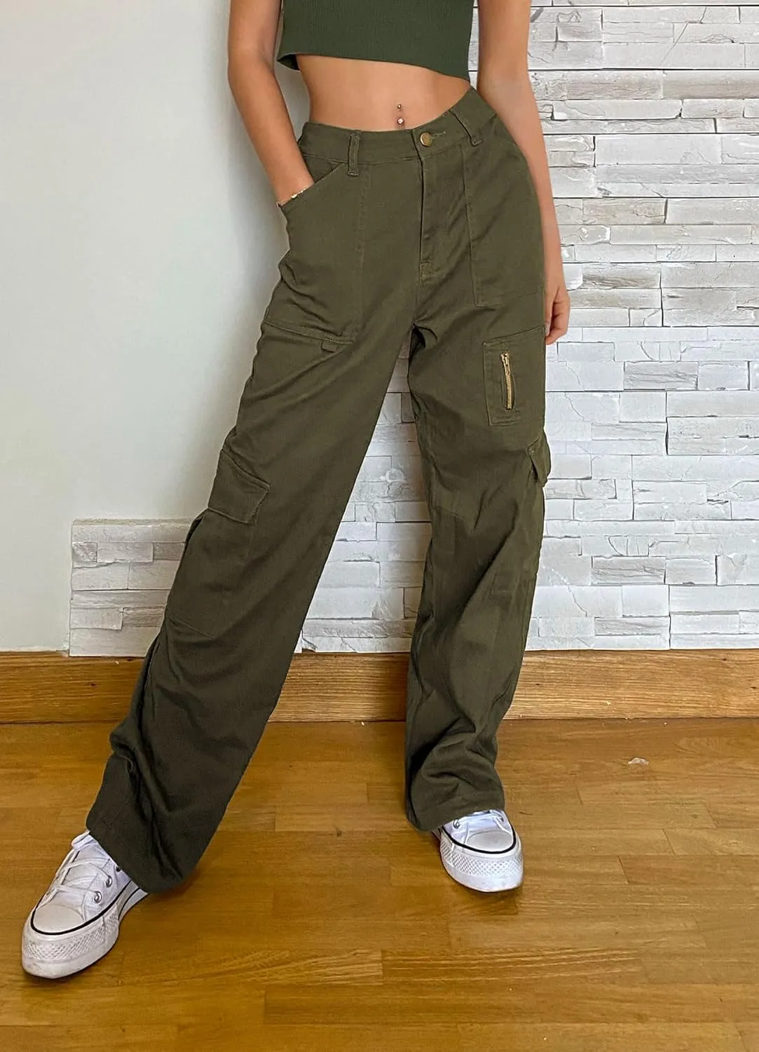 IVIR Cargo Pants Women High Waist Wide Leg Casual Pants with 7 Pockets Stretchy Drawstring Baggy Y2K Trousers