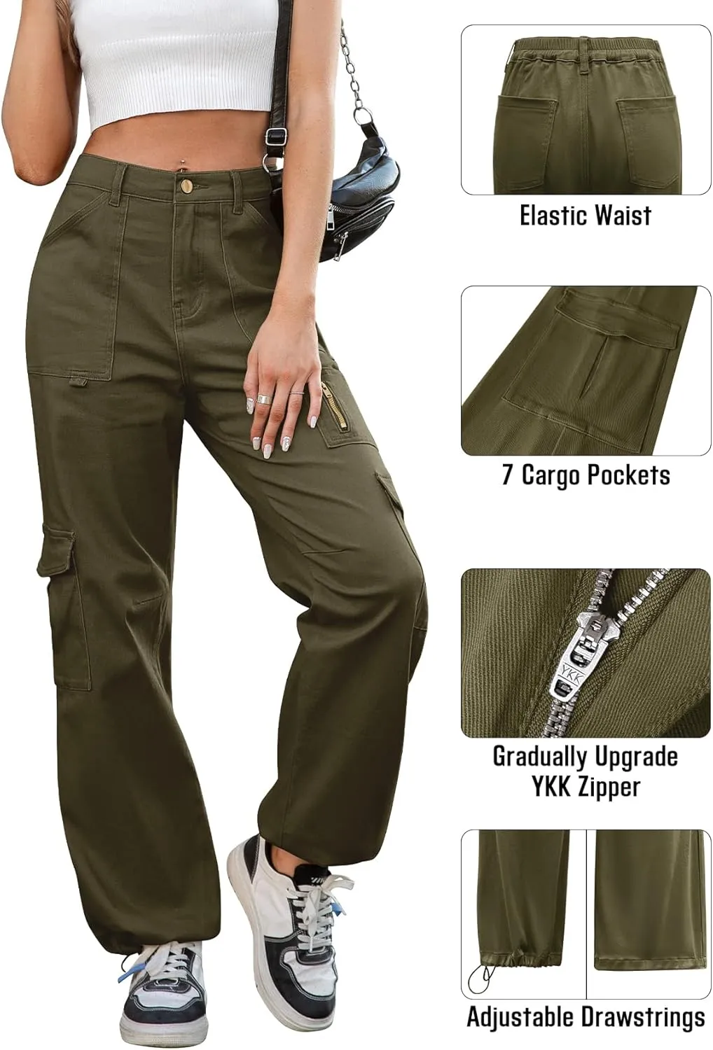 IVIR Cargo Pants Women High Waist Wide Leg Casual Pants with 7 Pockets Stretchy Drawstring Baggy Y2K Trousers