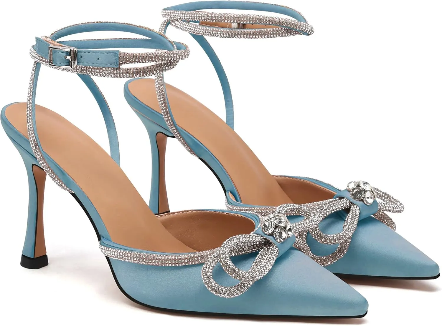JANSEVEN Rhinestone Bow Heels Black Satin Bowknot Heeled Sandals For Women Ankle Strap Pumps Knotted Sparkling High Heels Closed Pointed Toe 3 In Wedding Bridal Shoes