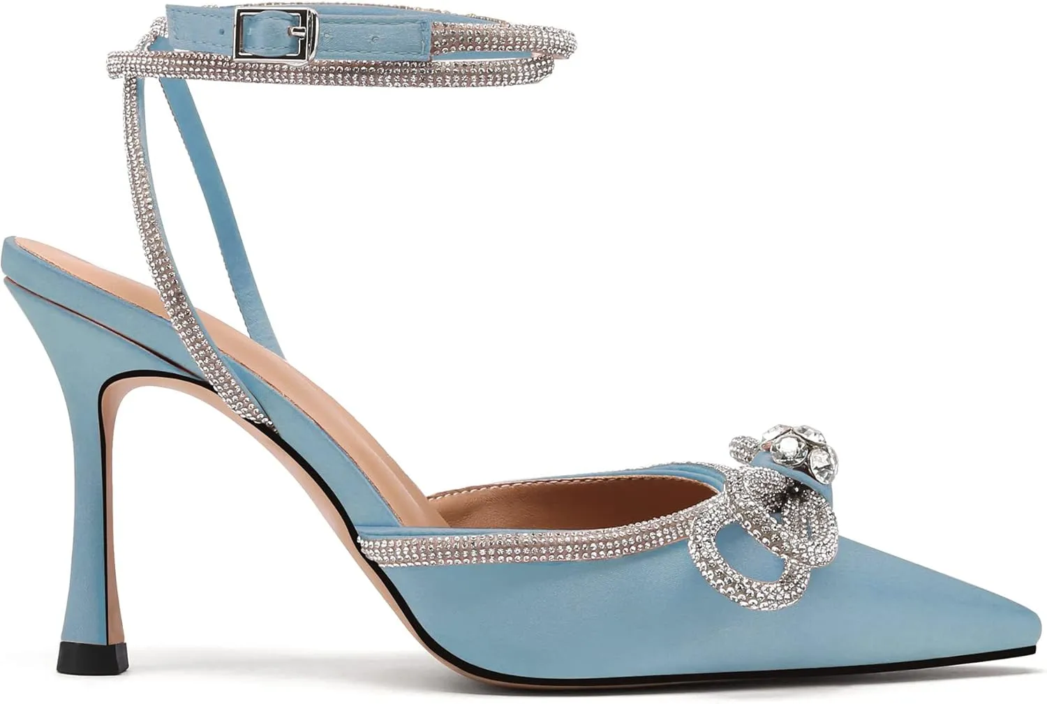 JANSEVEN Rhinestone Bow Heels Black Satin Bowknot Heeled Sandals For Women Ankle Strap Pumps Knotted Sparkling High Heels Closed Pointed Toe 3 In Wedding Bridal Shoes