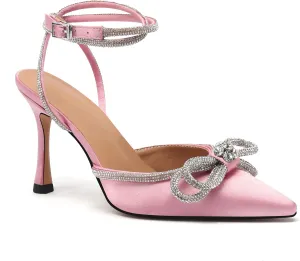 JANSEVEN Rhinestone Bow Heels Black Satin Bowknot Heeled Sandals For Women Ankle Strap Pumps Knotted Sparkling High Heels Closed Pointed Toe 3 In Wedding Bridal Shoes
