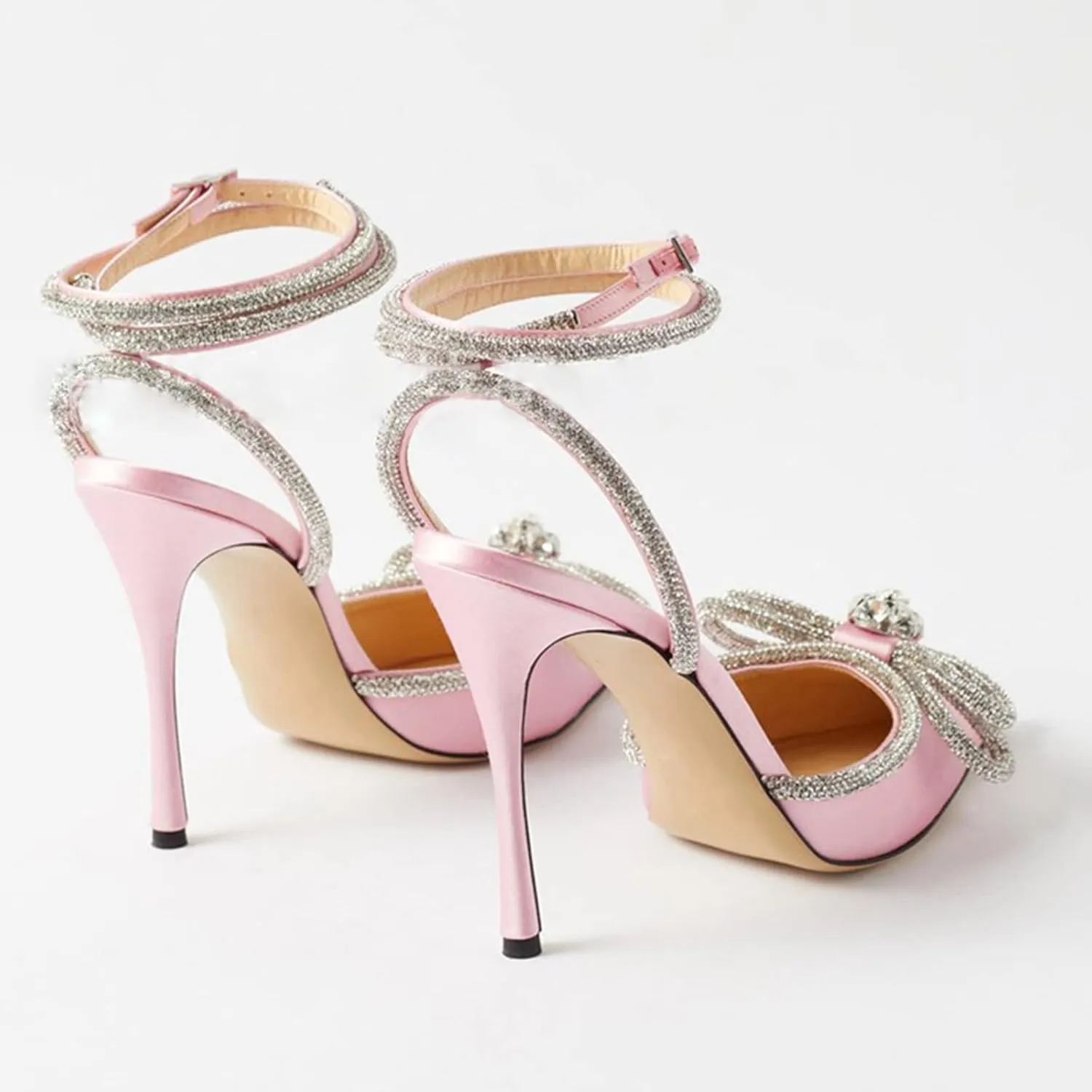 JANSEVEN Rhinestone Bow Heels Black Satin Bowknot Heeled Sandals For Women Ankle Strap Pumps Knotted Sparkling High Heels Closed Pointed Toe 3 In Wedding Bridal Shoes