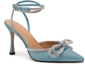 JANSEVEN Rhinestone Bow Heels Black Satin Bowknot Heeled Sandals For Women Ankle Strap Pumps Knotted Sparkling High Heels Closed Pointed Toe 3 In Wedding Bridal Shoes