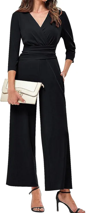 JASAMBAC 3/4 Length Sleeve Women's Jumpsuits Dressy Casual Wrap V Neck Empire Waist Romper Flowy Pants Outfits Overalls