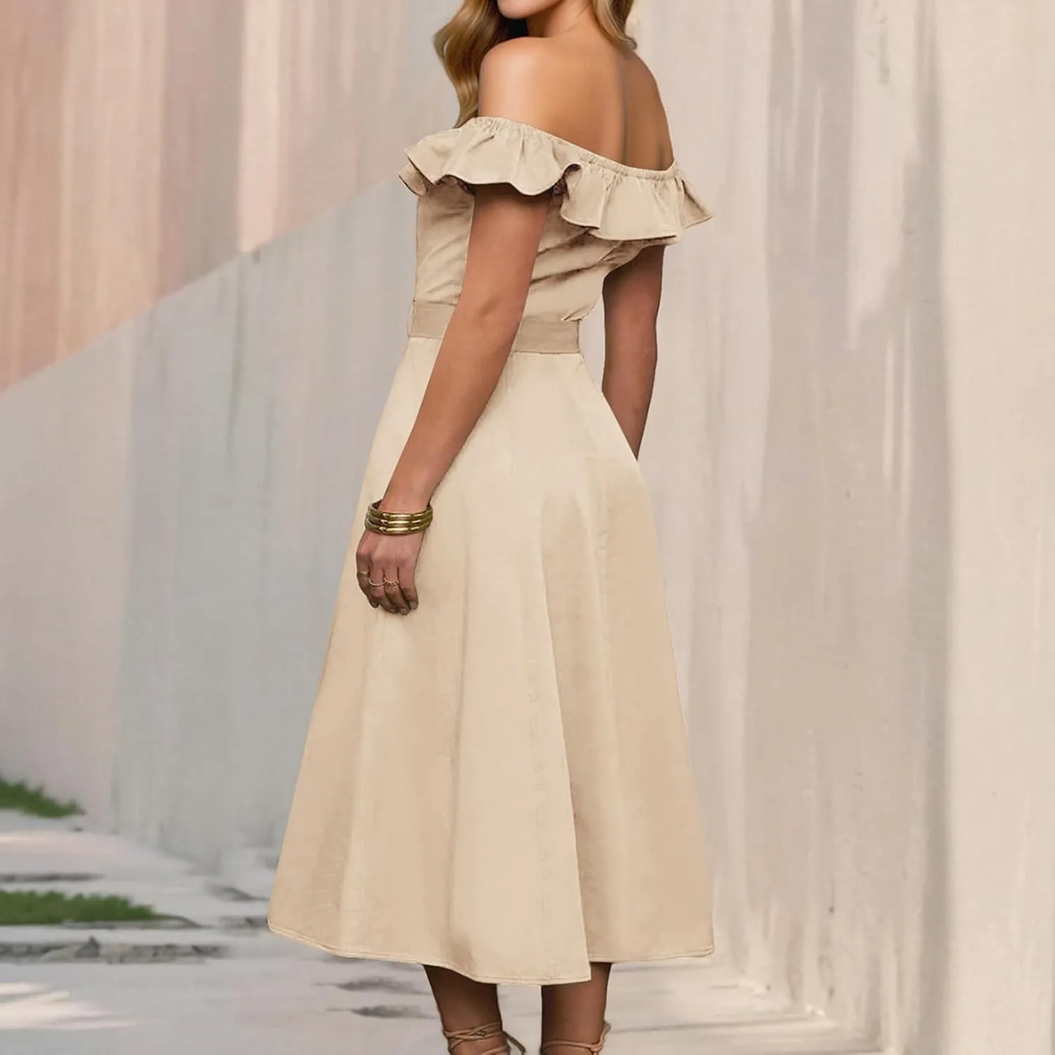 JOAU Women 2025 Summer Casual Ruffle Off Shoulder Strapless Dress Elegant Button Down A-Line Work Shirt Dresses with Belt