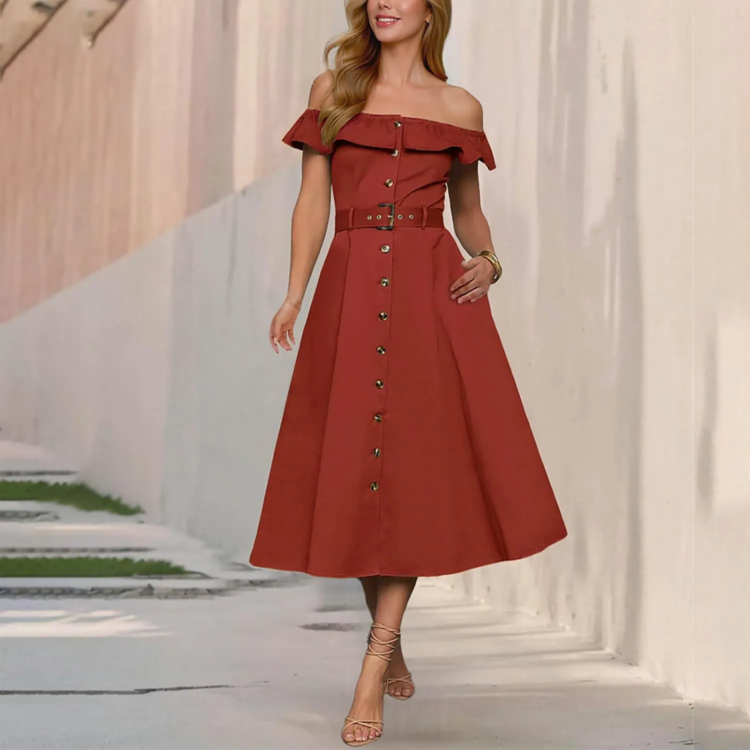 JOAU Women 2025 Summer Casual Ruffle Off Shoulder Strapless Dress Elegant Button Down A-Line Work Shirt Dresses with Belt