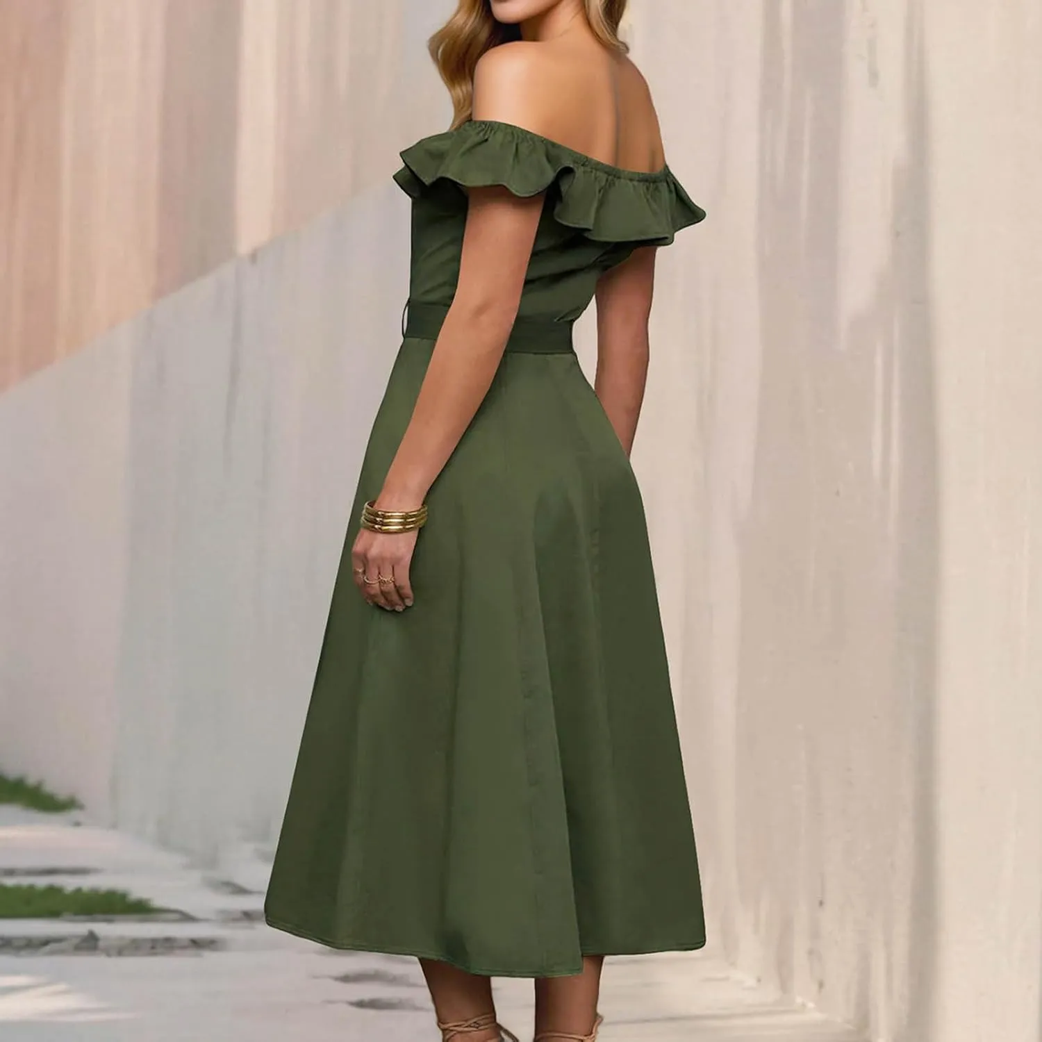 JOAU Women 2025 Summer Casual Ruffle Off Shoulder Strapless Dress Elegant Button Down A-Line Work Shirt Dresses with Belt