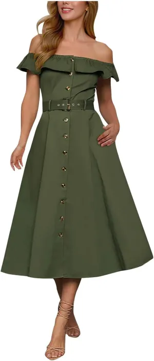 JOAU Women 2025 Summer Casual Ruffle Off Shoulder Strapless Dress Elegant Button Down A-Line Work Shirt Dresses with Belt