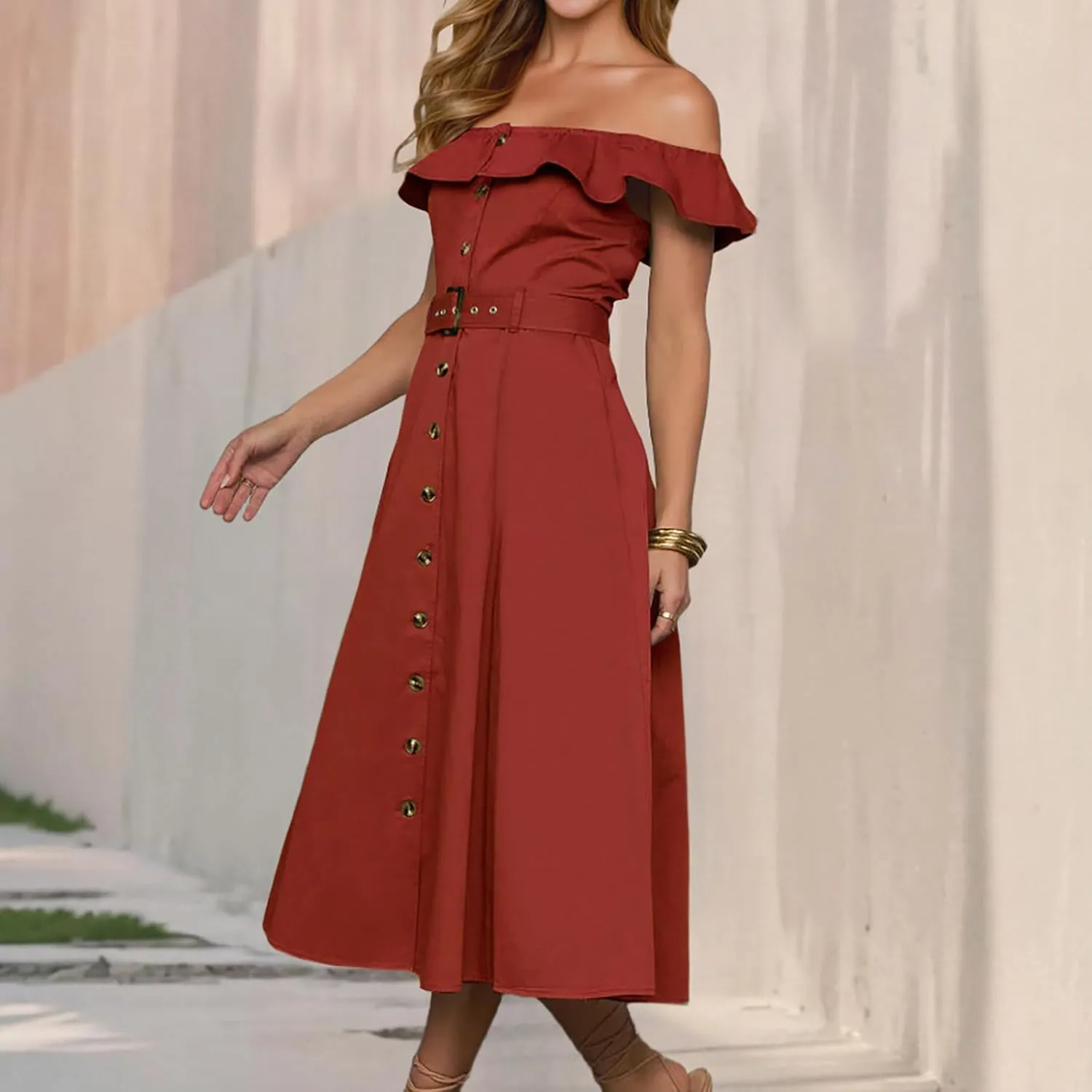 JOAU Women 2025 Summer Casual Ruffle Off Shoulder Strapless Dress Elegant Button Down A-Line Work Shirt Dresses with Belt