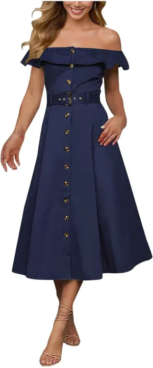 JOAU Women 2025 Summer Casual Ruffle Off Shoulder Strapless Dress Elegant Button Down A-Line Work Shirt Dresses with Belt
