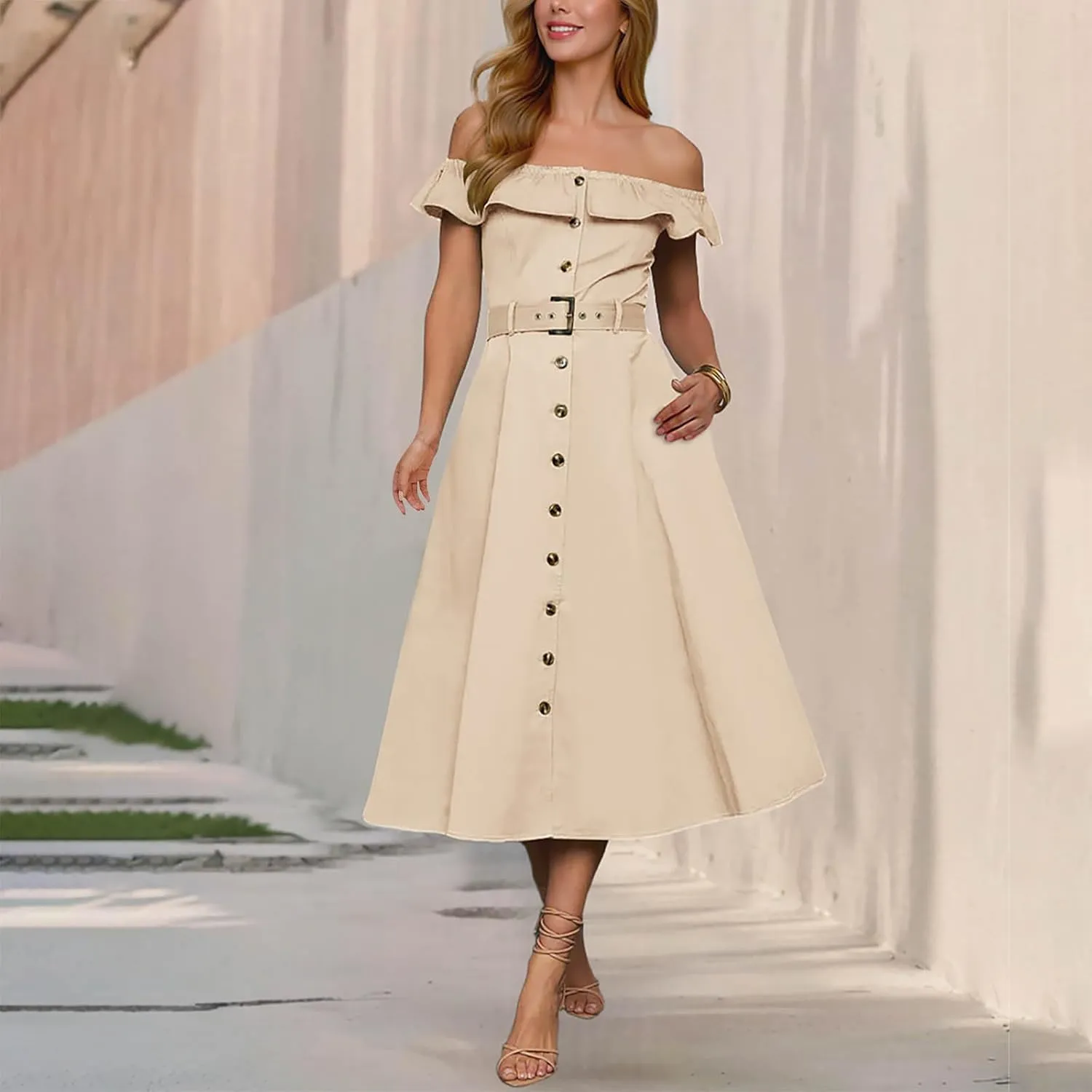 JOAU Women 2025 Summer Casual Ruffle Off Shoulder Strapless Dress Elegant Button Down A-Line Work Shirt Dresses with Belt