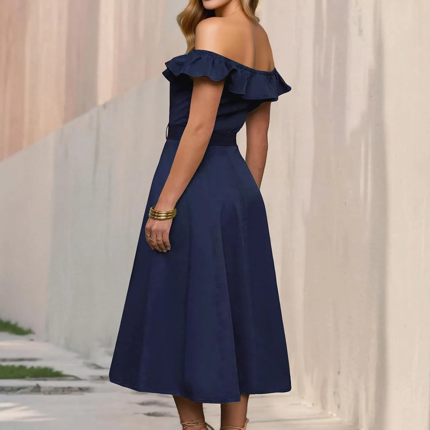 JOAU Women 2025 Summer Casual Ruffle Off Shoulder Strapless Dress Elegant Button Down A-Line Work Shirt Dresses with Belt