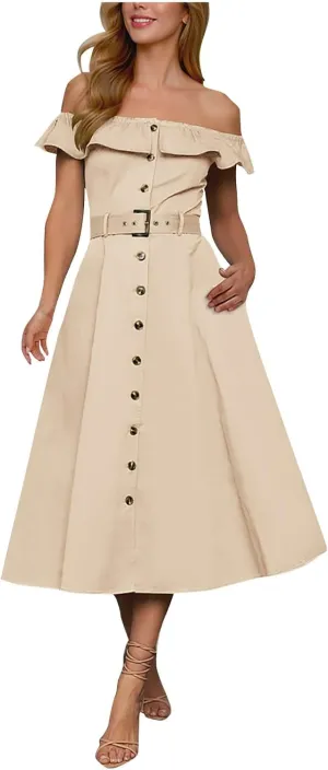 JOAU Women 2025 Summer Casual Ruffle Off Shoulder Strapless Dress Elegant Button Down A-Line Work Shirt Dresses with Belt