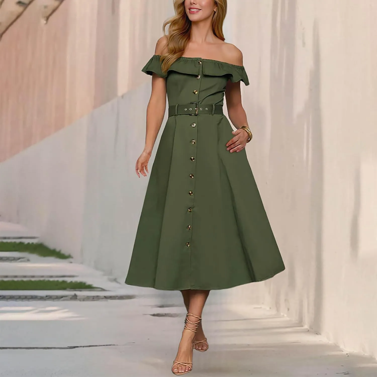 JOAU Women 2025 Summer Casual Ruffle Off Shoulder Strapless Dress Elegant Button Down A-Line Work Shirt Dresses with Belt