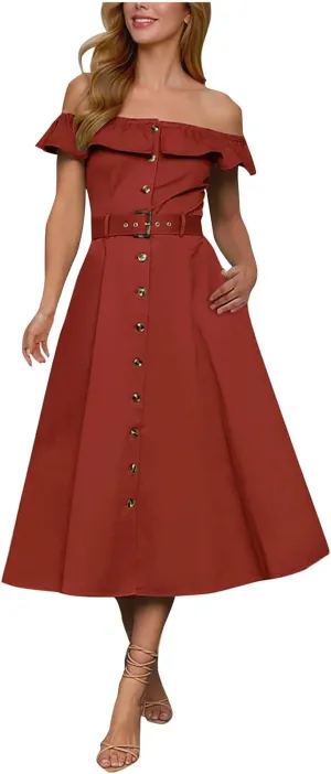 JOAU Women 2025 Summer Casual Ruffle Off Shoulder Strapless Dress Elegant Button Down A-Line Work Shirt Dresses with Belt