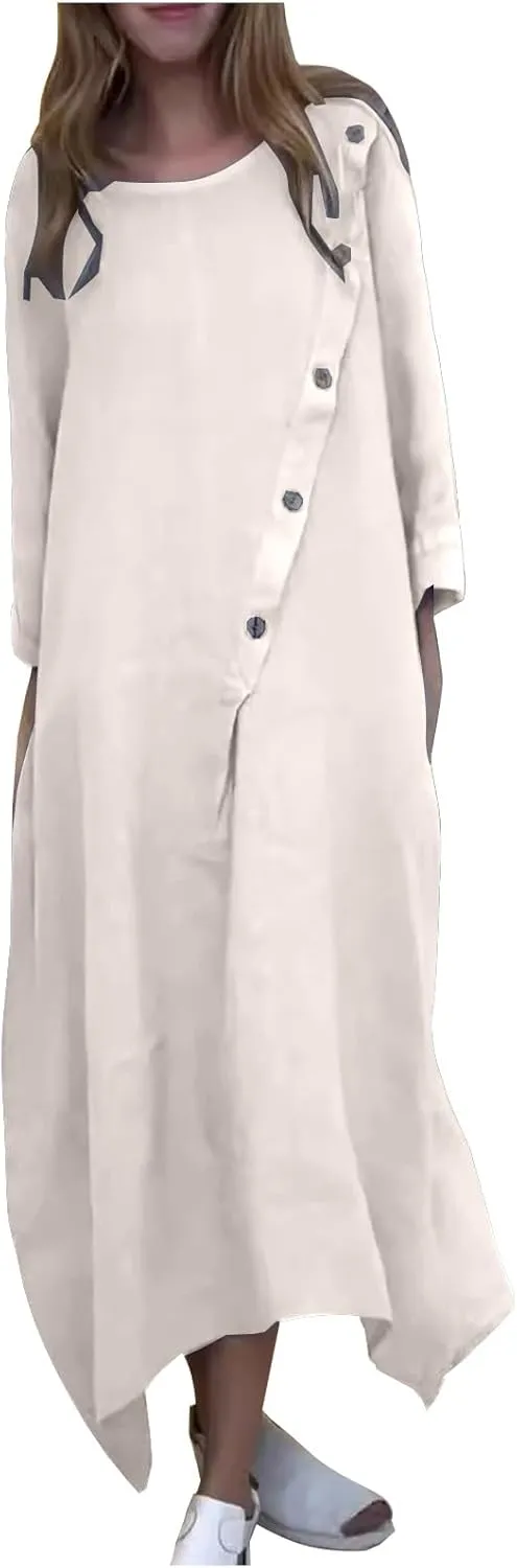 JOAU Women Cotton Linen Maxi Dress Casual Summer Long Sleeve Crew Neck Irregular Button A-Line Shirt Dresses with Pockets
