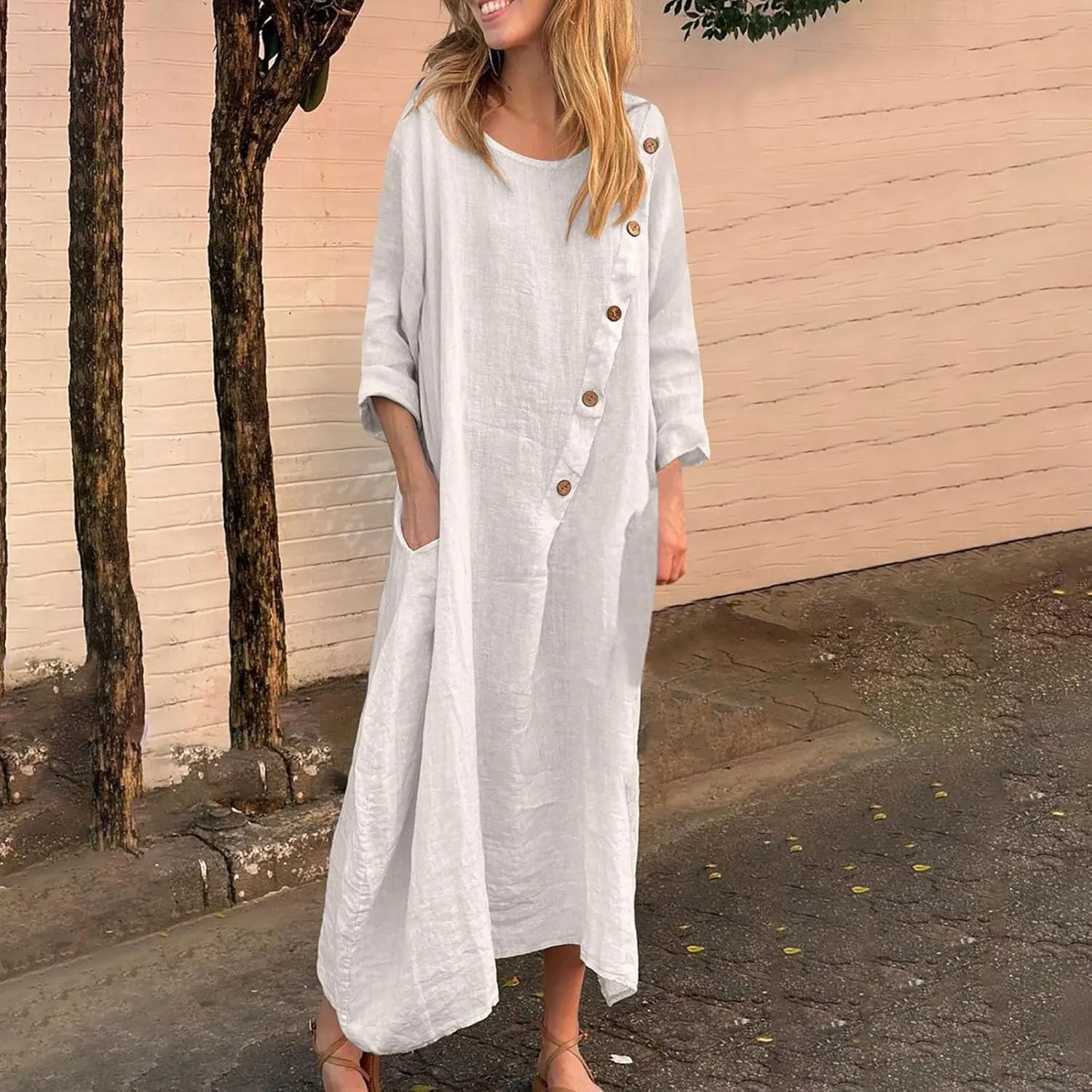 JOAU Women Cotton Linen Maxi Dress Casual Summer Long Sleeve Crew Neck Irregular Button A-Line Shirt Dresses with Pockets