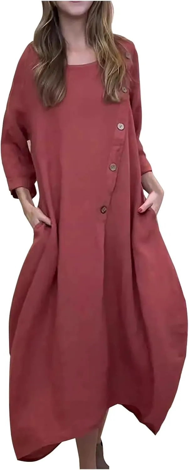 JOAU Women Cotton Linen Maxi Dress Casual Summer Long Sleeve Crew Neck Irregular Button A-Line Shirt Dresses with Pockets