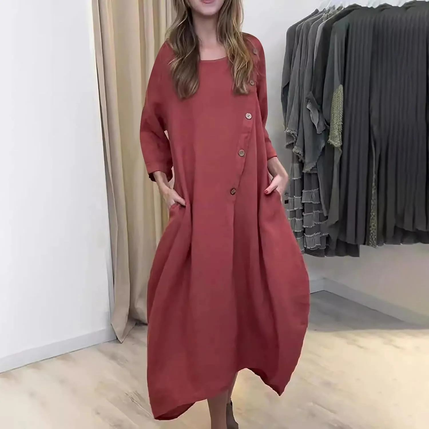 JOAU Women Cotton Linen Maxi Dress Casual Summer Long Sleeve Crew Neck Irregular Button A-Line Shirt Dresses with Pockets