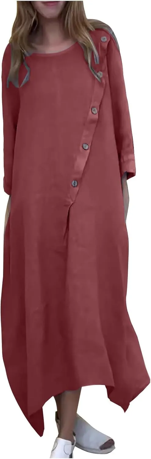 JOAU Women Cotton Linen Maxi Dress Casual Summer Long Sleeve Crew Neck Irregular Button A-Line Shirt Dresses with Pockets