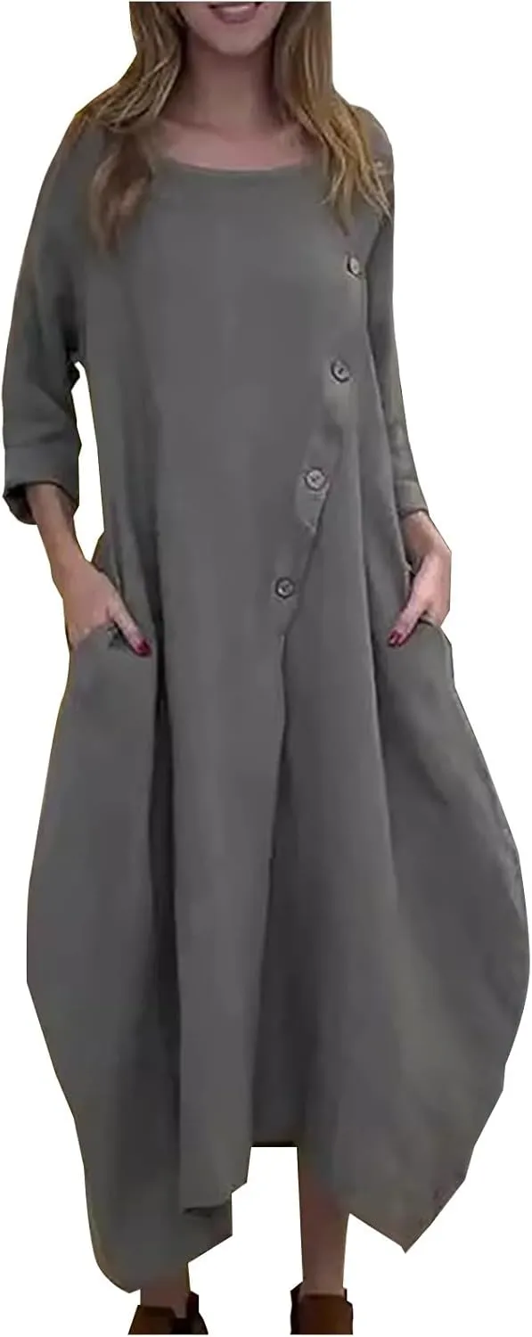 JOAU Women Cotton Linen Maxi Dress Casual Summer Long Sleeve Crew Neck Irregular Button A-Line Shirt Dresses with Pockets