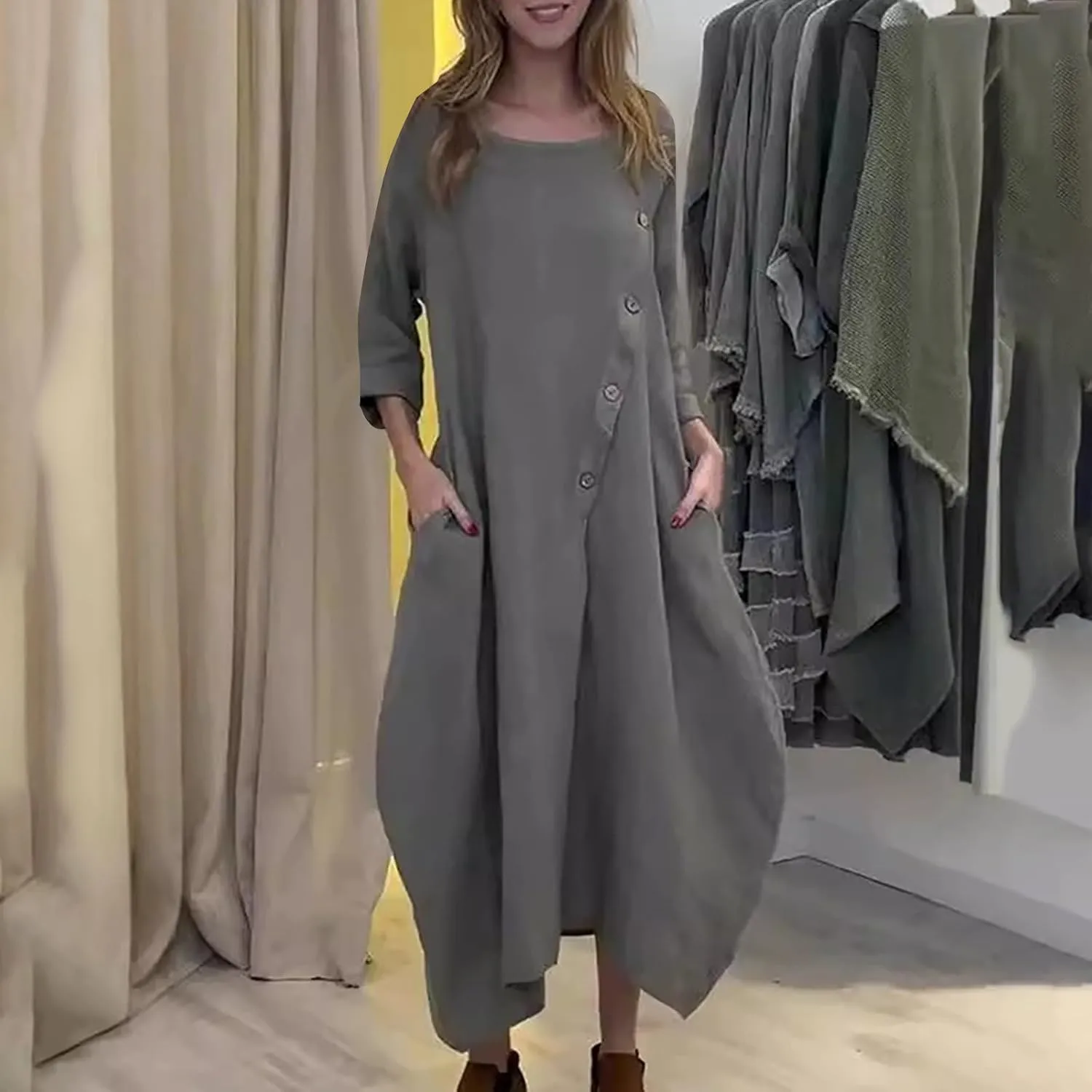 JOAU Women Cotton Linen Maxi Dress Casual Summer Long Sleeve Crew Neck Irregular Button A-Line Shirt Dresses with Pockets