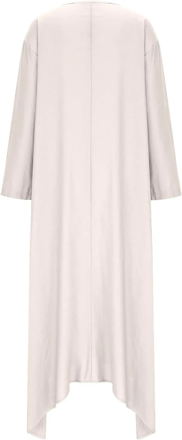 JOAU Women Cotton Linen Maxi Dress Casual Summer Long Sleeve Crew Neck Irregular Button A-Line Shirt Dresses with Pockets