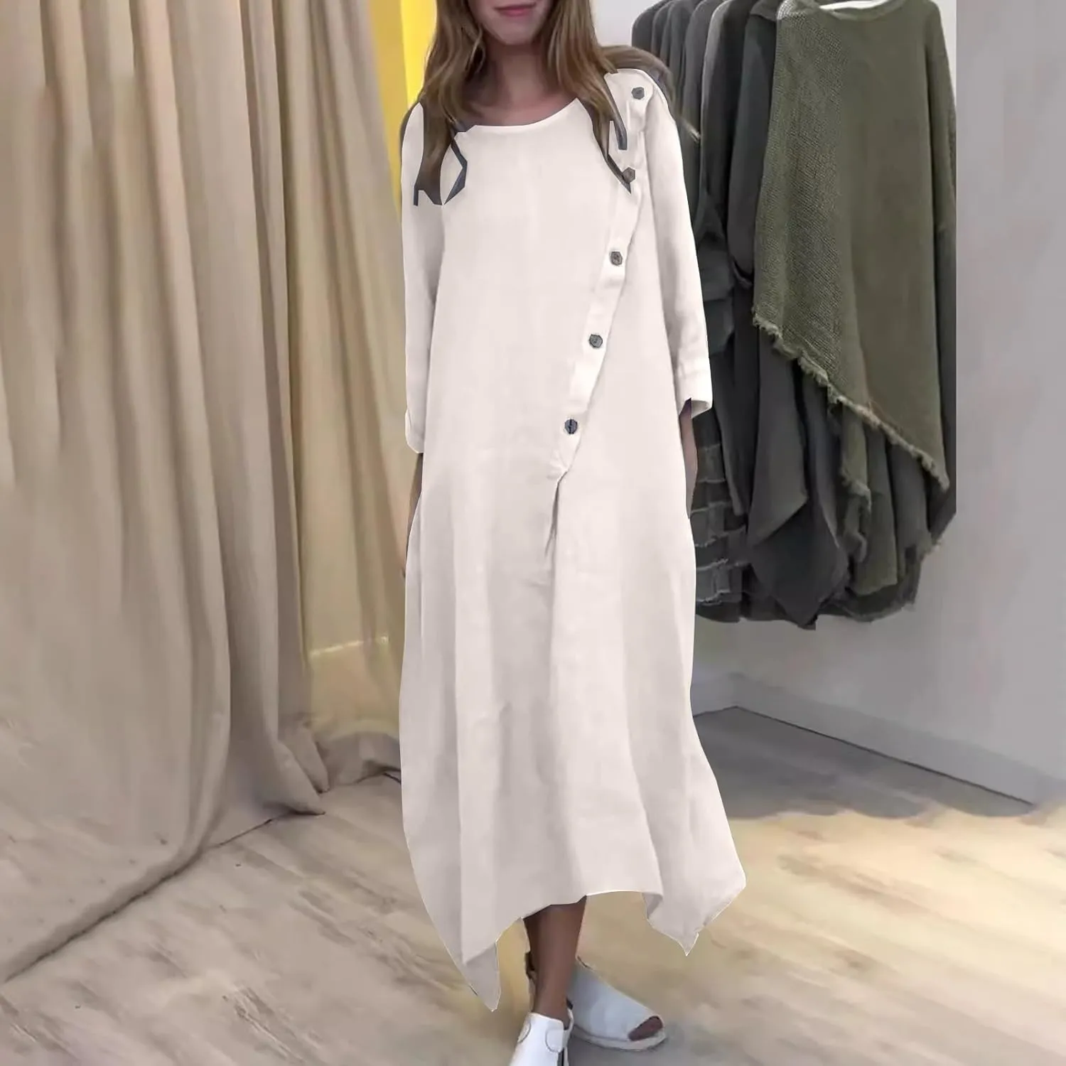 JOAU Women Cotton Linen Maxi Dress Casual Summer Long Sleeve Crew Neck Irregular Button A-Line Shirt Dresses with Pockets