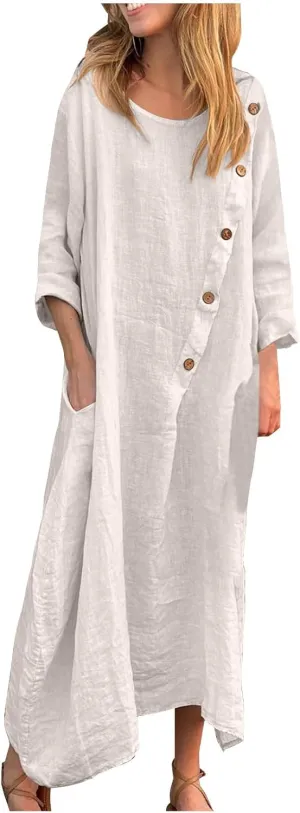 JOAU Women Cotton Linen Maxi Dress Casual Summer Long Sleeve Crew Neck Irregular Button A-Line Shirt Dresses with Pockets